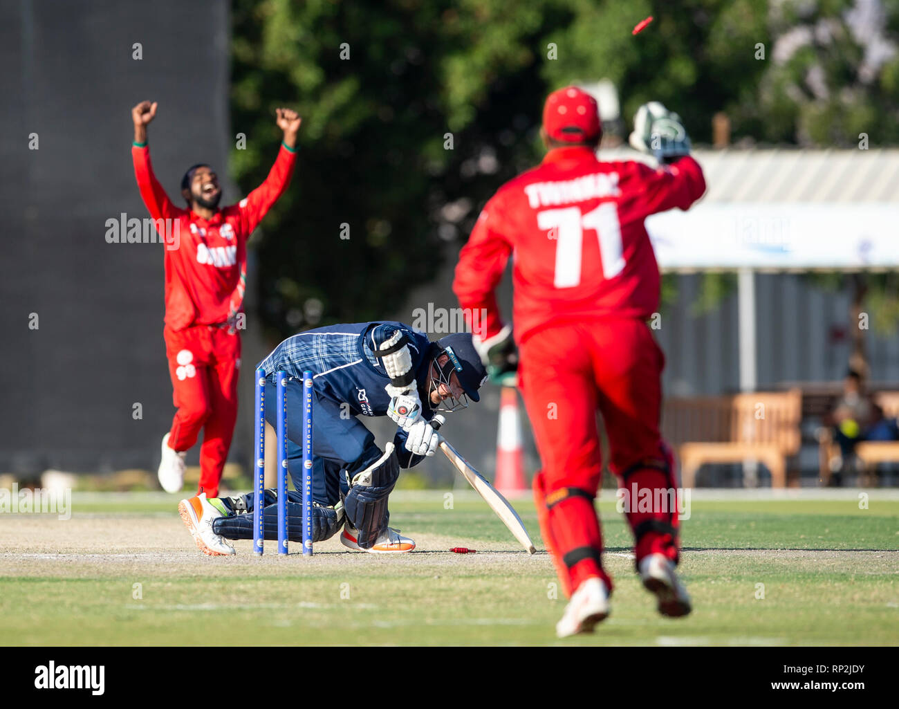 Muscat, Oman. 20th Feb, 2019. Pic shows: Scotland's Mark Watt clean bowled by Oman's Muhammad Nadeem as Oman comprehensively beat Scotland by 93 runs to tie the 3 match 50 over series. Credit: Ian Jacobs/Alamy Live News Stock Photo