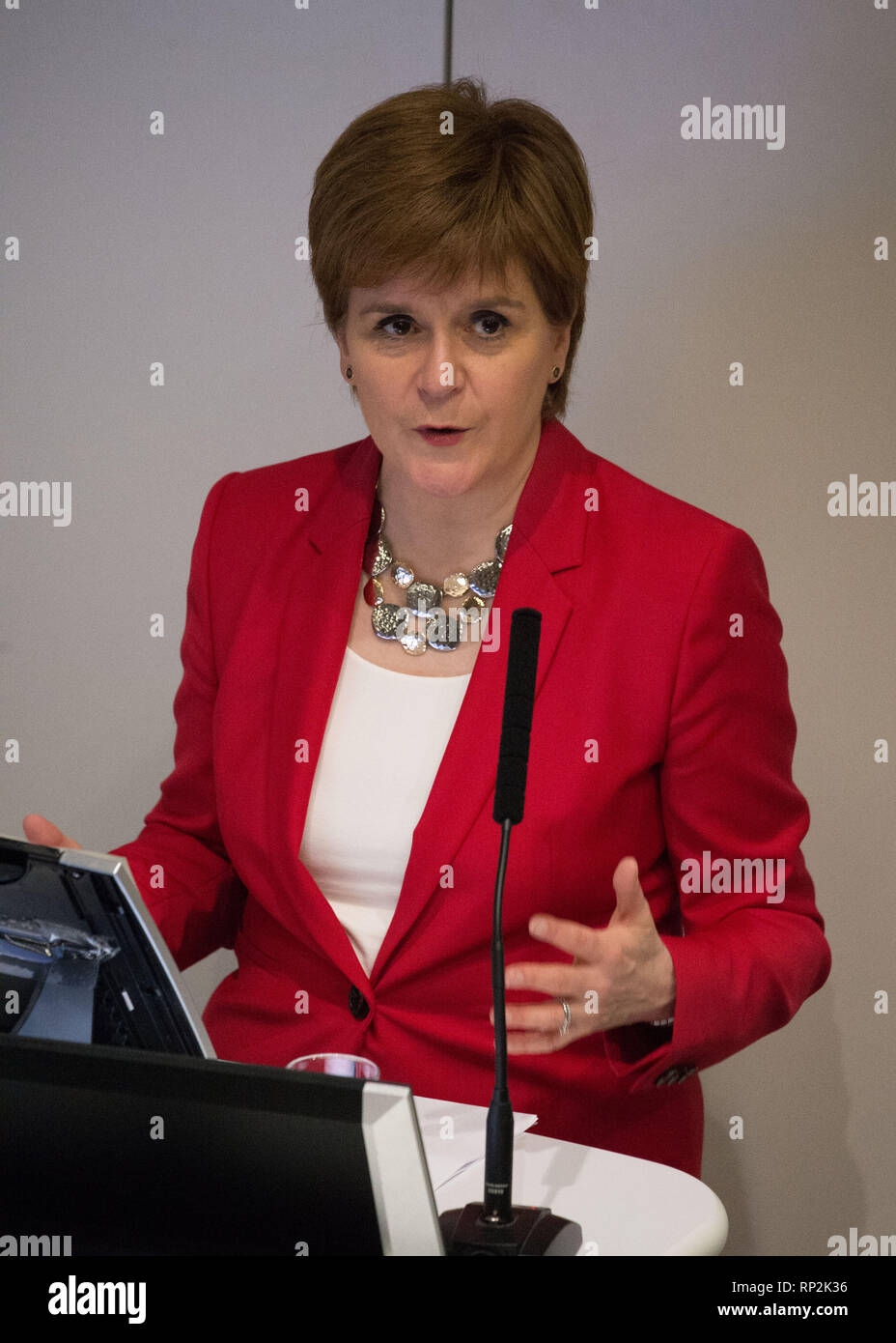 Glasgow, UK. 20 February 2019. First Minister, Nicola Sturgeon declares war on plastics delivering her opening speech at Scotland's International Marine Conference in Glasgow. Credit: Colin Fisher/Alamy Live News Stock Photo