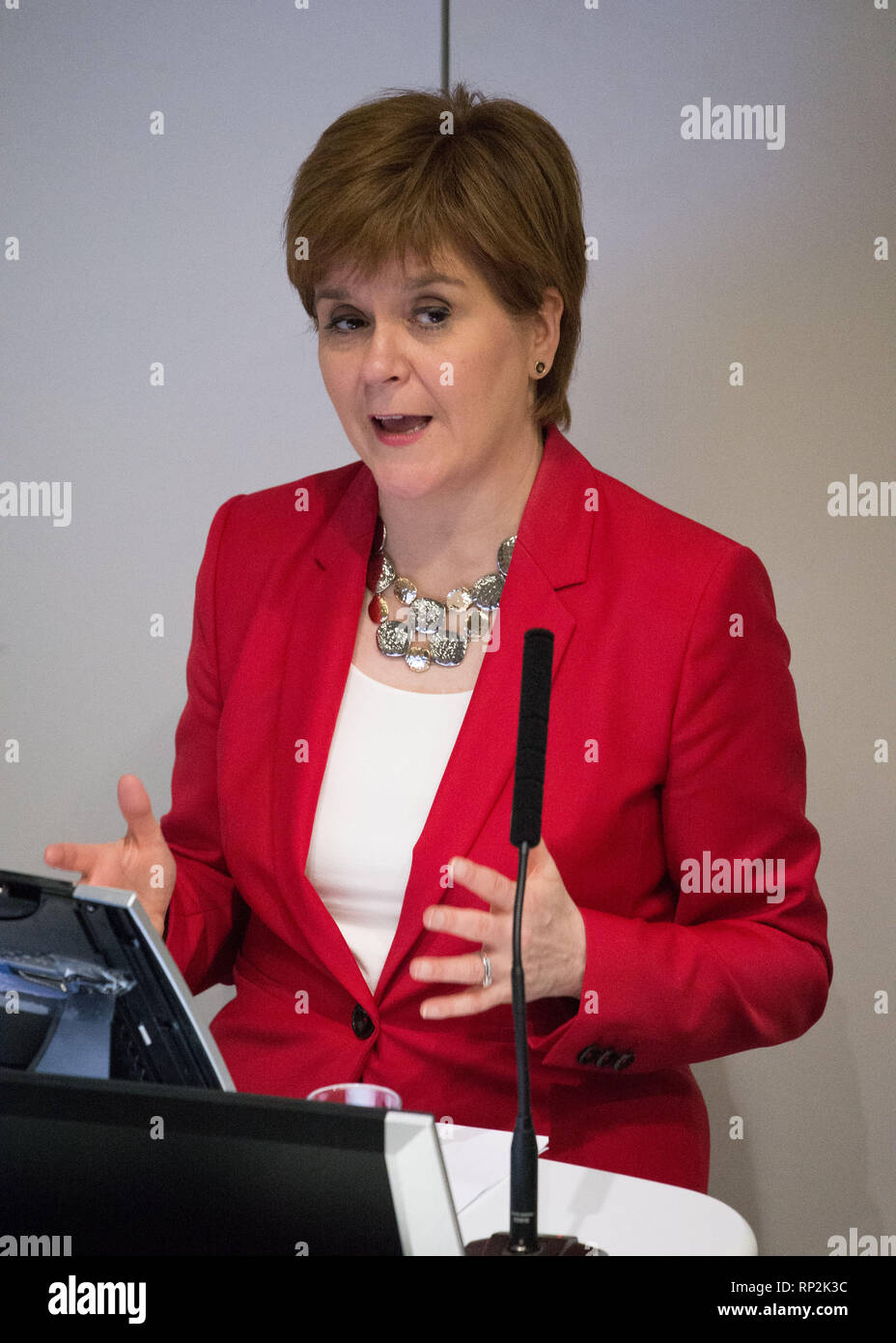Glasgow, UK. 20 February 2019. First Minister, Nicola Sturgeon declares war on plastics delivering her opening speech at Scotland's International Marine Conference in Glasgow. Credit: Colin Fisher/Alamy Live News Stock Photo
