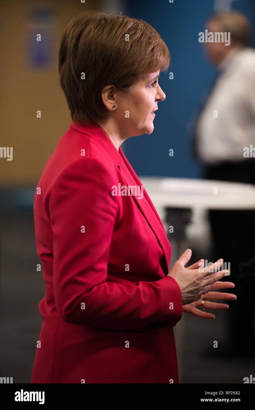 Glasgow, UK. 20 February 2019. First Minister, Nicola Sturgeon gives media interviews at Scotland's International Marine Conference in Glasgow. Credit: Colin Fisher/Alamy Live News Stock Photo