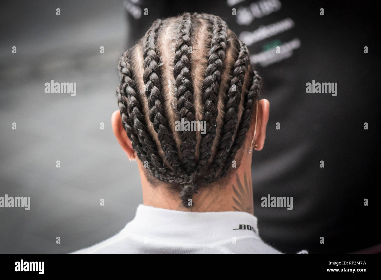 Barcelona, Spain. 20th Feb, 2019.  Lewis Hamilton  hairstyle in the Paddock area  at the Circuit de Catalunya in Montmelo (Barcelona province) during the pre-season testing session. Credit:  Jordi Boixareu/Alamy Live News Stock Photo