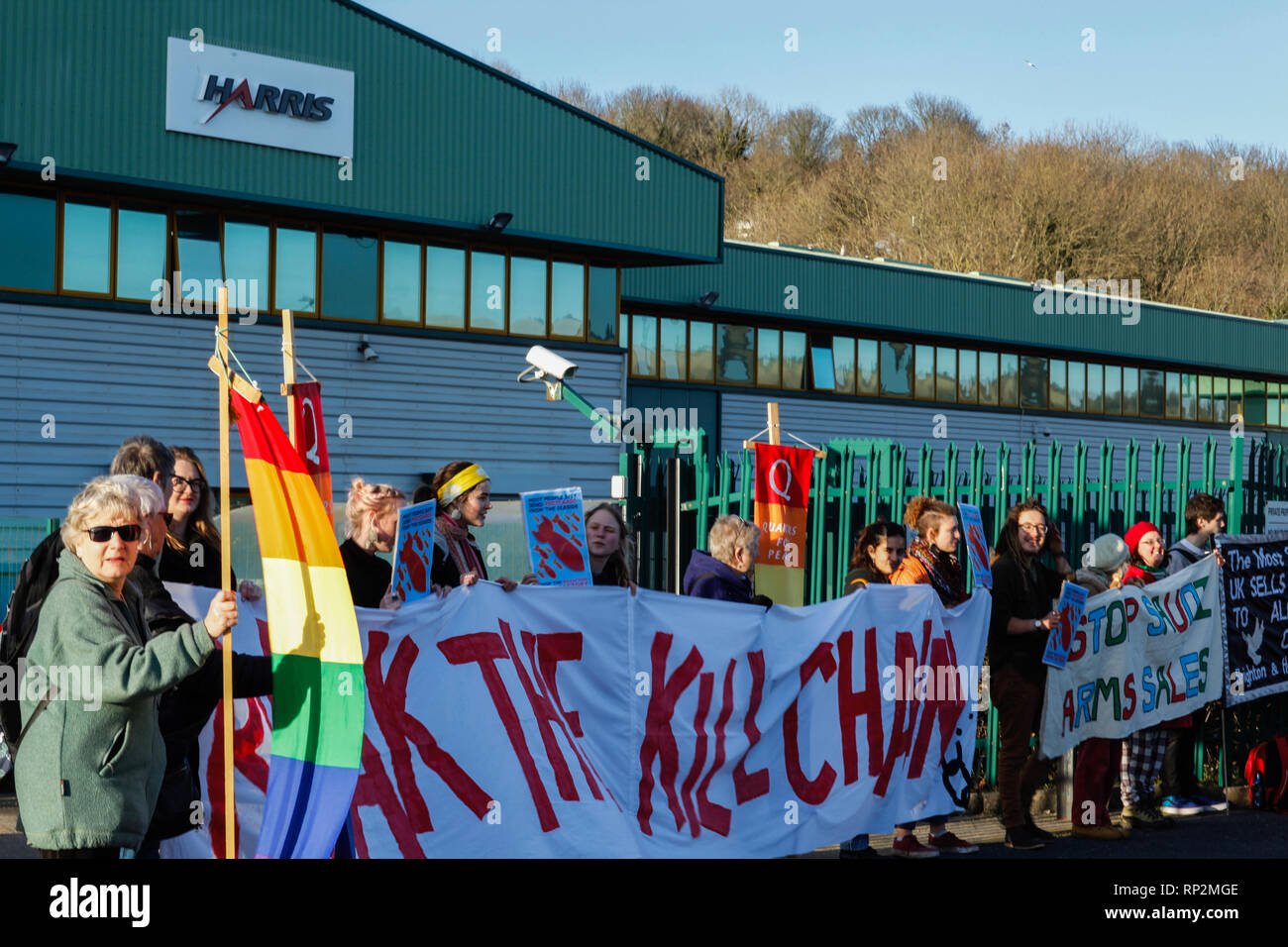 Brighton, UK. 20th Feb, 2019. Dozens of demonstrators and activists from peace and anti-arms trade organisations gather outside EDO-MBM weapons factory in Brighton in protest against Brighton and Hove City Council's planning permission to expand the factory's production of aircraft weapons release systems at its site in Brighton. Activists argue that the EDO-MBM factory has produced aircraft weapons components and sold them to several countries, included some with a bad record of human rights violations. Credit: ZUMA Press, Inc./Alamy Live News Stock Photo