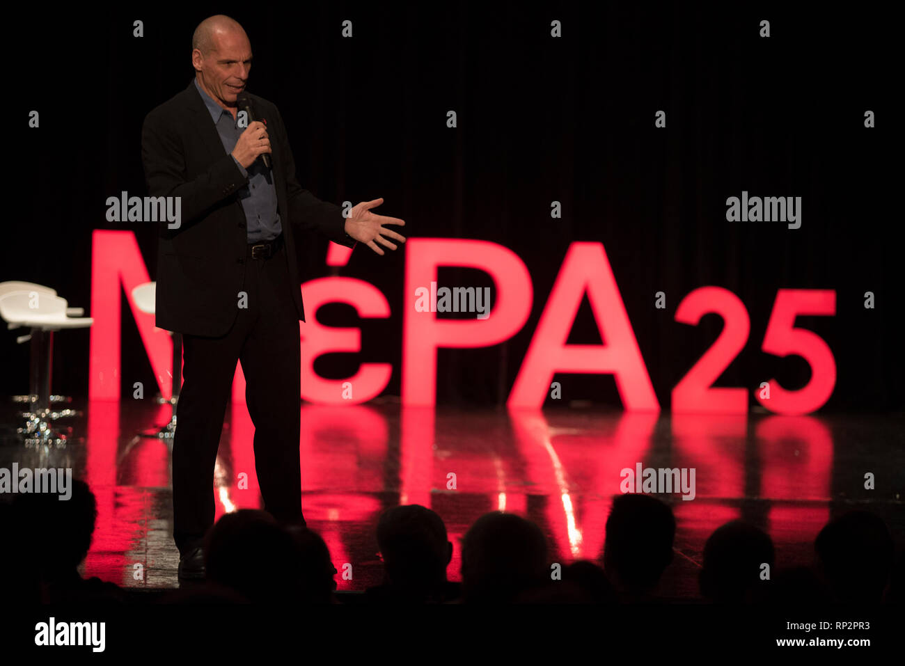 Athens, Greece. 20th Feb, 2019. YANIS VAROUFAKIS addresses MERA25 supporters. Former Greek Minister of Finance, co-founder of the Democracy in Europe Movement 2025 (DiEM25), secretary of it’s greek branch MERA25 and MEP candidate, Yanis Varoufakis, staged an event to present the candidates who will run with MERA25(European Realistic Disobedience Front) in the 2019 European Parliament elections.© Nikolas Georgiou / Alamy Live News Credit: Nikolas Georgiou/Alamy Live News Stock Photo