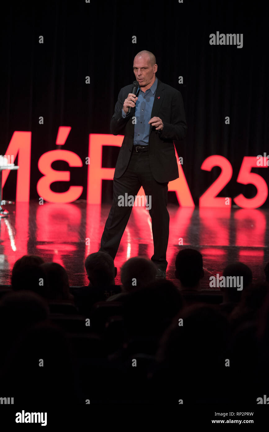 Athens, Greece. 20th Feb, 2019. YANIS VAROUFAKIS addresses MERA25 supporters. Former Greek Minister of Finance, co-founder of the Democracy in Europe Movement 2025 (DiEM25), secretary of it’s greek branch MERA25 and MEP candidate, Yanis Varoufakis, staged an event to present the candidates who will run with MERA25(European Realistic Disobedience Front) in the 2019 European Parliament elections.© Nikolas Georgiou / Alamy Live News Credit: Nikolas Georgiou/Alamy Live News Stock Photo