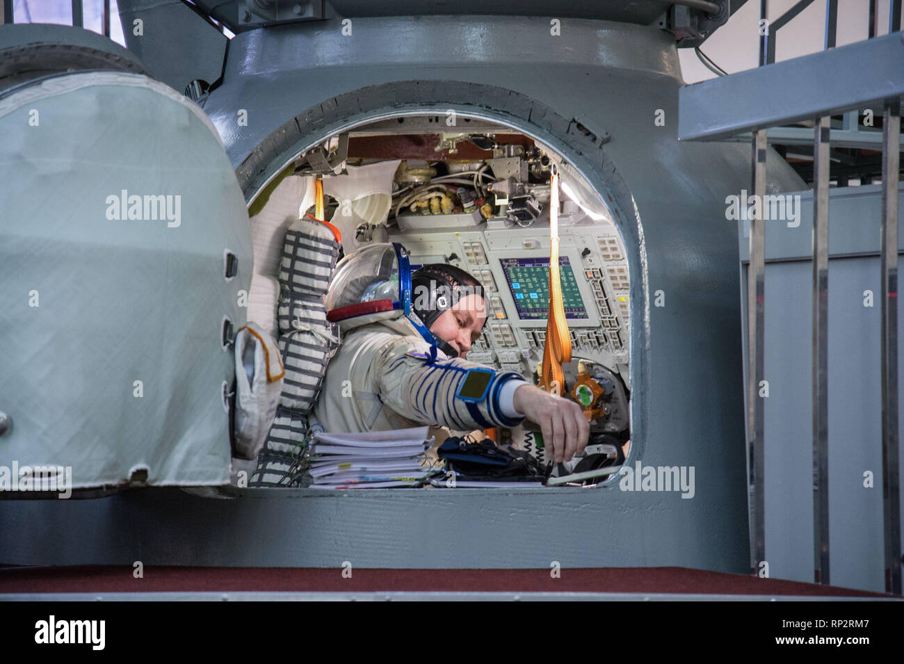 Star City, Russia. 20th Feb, 2019. International Space Station Expedition 59 crew member Alexey Ovchinin of Roscosmos works inside the Soyuz spacecraft simulator February 20, 2019 at Star City, Russia. The crew of Christina Koch, Alexey Ovchinin and Nick Hague will launch March 14th from the Baikonur Cosmodrome in Kazakhstan on the Soyuz MS-12 spacecraft for a six-and-a-half month mission on the International Space Station. Credit: Planetpix/Alamy Live News Stock Photo