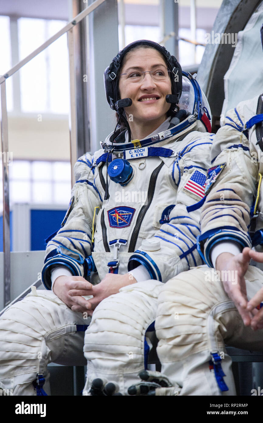 Star City, Russia. 20th Feb, 2019. International Space Station Expedition 59 crew member Christina Koch of NASA talks with the media on the Soyuz spacecraft simulator February 20, 2019 at Star City, Russia. The crew of Christina Koch, Alexey Ovchinin and Nick Hague will launch March 14th from the Baikonur Cosmodrome in Kazakhstan on the Soyuz MS-12 spacecraft for a six-and-a-half month mission on the International Space Station. Credit: Planetpix/Alamy Live News Stock Photo
