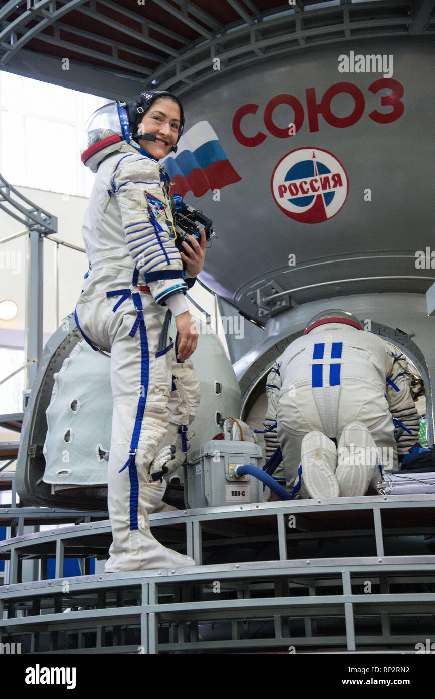 Star City, Russia. 20th Feb, 2019. International Space Station Expedition 59 crew member Christina Koch of NASA boards the Soyuz spacecraft simulator February 20, 2019 at Star City, Russia. The crew of Christina Koch, Alexey Ovchinin and Nick Hague will launch March 14th from the Baikonur Cosmodrome in Kazakhstan on the Soyuz MS-12 spacecraft for a six-and-a-half month mission on the International Space Station. Credit: Planetpix/Alamy Live News Stock Photo