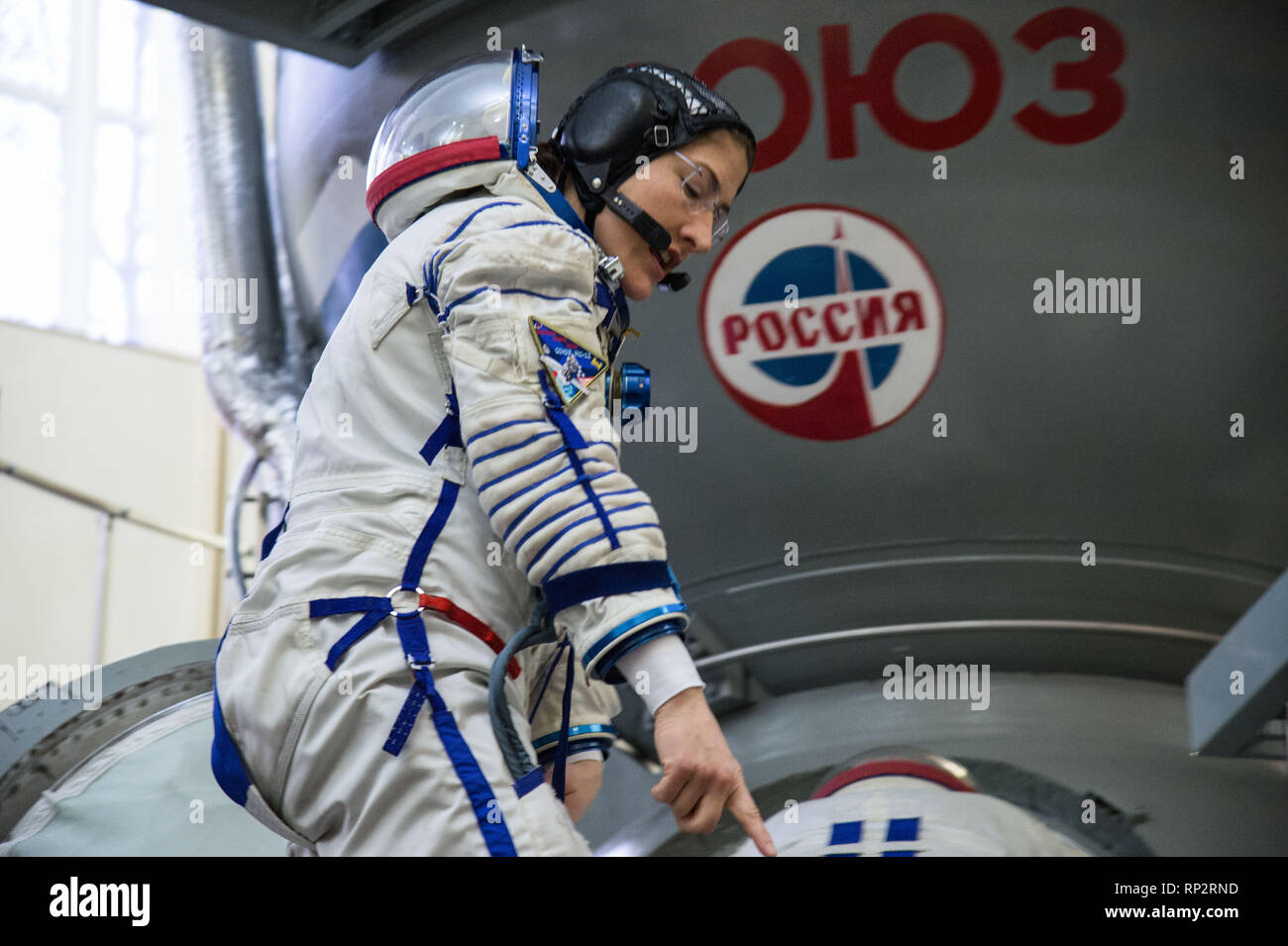Star City, Russia. 20th Feb, 2019. International Space Station Expedition 59 crew member Christina Koch of NASA boards the Soyuz spacecraft simulator February 20, 2019 at Star City, Russia. The crew of Christina Koch, Alexey Ovchinin and Nick Hague will launch March 14th from the Baikonur Cosmodrome in Kazakhstan on the Soyuz MS-12 spacecraft for a six-and-a-half month mission on the International Space Station. Credit: Planetpix/Alamy Live News Stock Photo