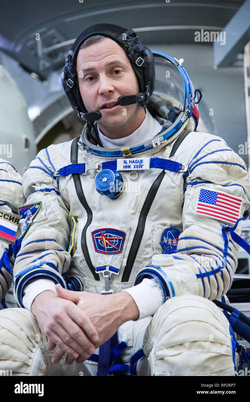 Star City, Russia. 20th Feb, 2019. International Space Station Expedition 59 crew member Nick Hague of NASA talks with the media on the Soyuz spacecraft simulator February 20, 2019 at Star City, Russia. The crew of Christina Koch, Alexey Ovchinin and Nick Hague will launch March 14th from the Baikonur Cosmodrome in Kazakhstan on the Soyuz MS-12 spacecraft for a six-and-a-half month mission on the International Space Station. Credit: Planetpix/Alamy Live News Stock Photo