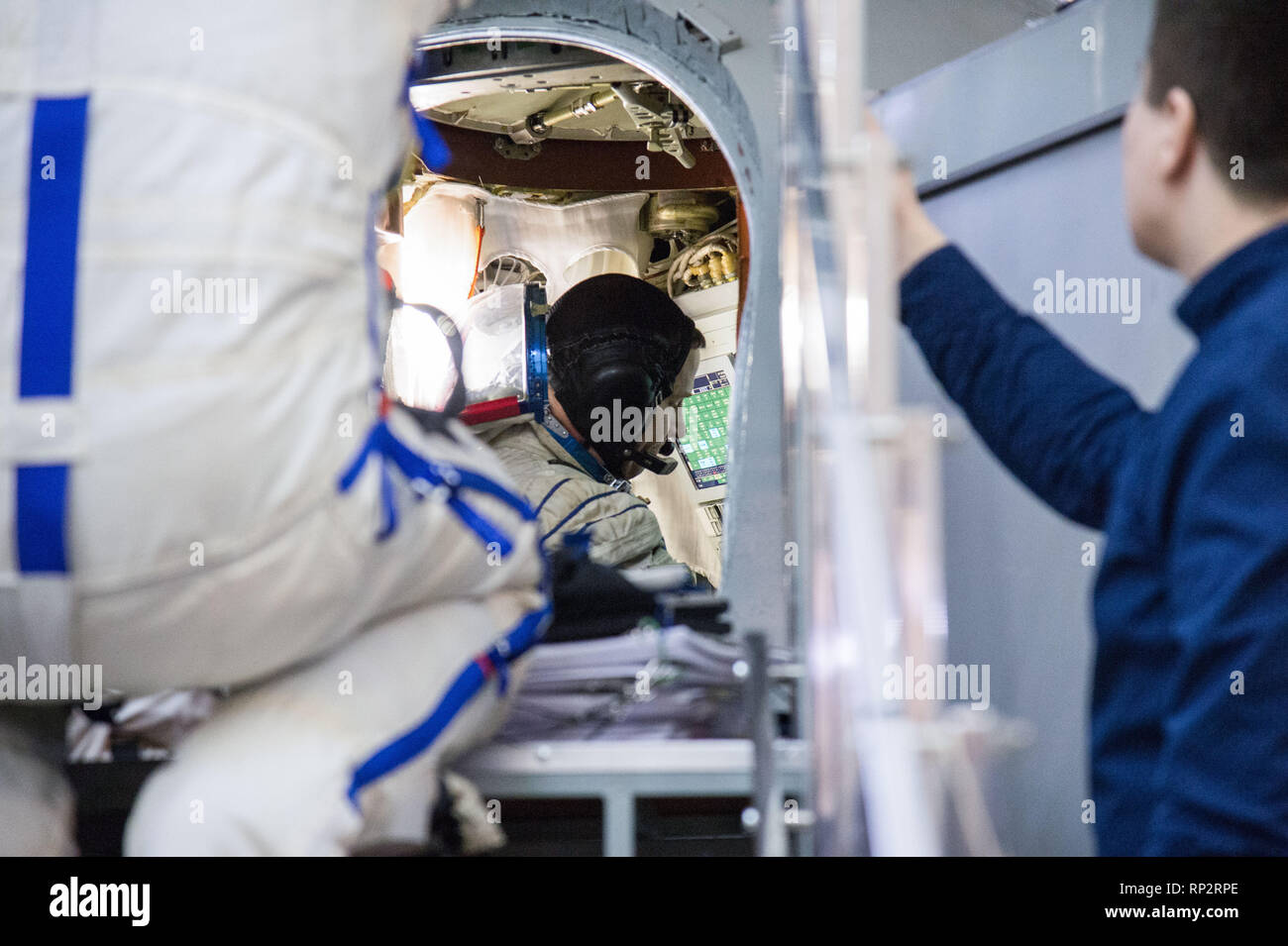 Star City, Russia. 20th Feb, 2019. International Space Station Expedition 59 crew member Nick Hague of NASA works inside the Soyuz spacecraft simulator February 20, 2019 at Star City, Russia. The crew of Christina Koch, Alexey Ovchinin and Nick Hague will launch March 14th from the Baikonur Cosmodrome in Kazakhstan on the Soyuz MS-12 spacecraft for a six-and-a-half month mission on the International Space Station. Credit: Planetpix/Alamy Live News Stock Photo