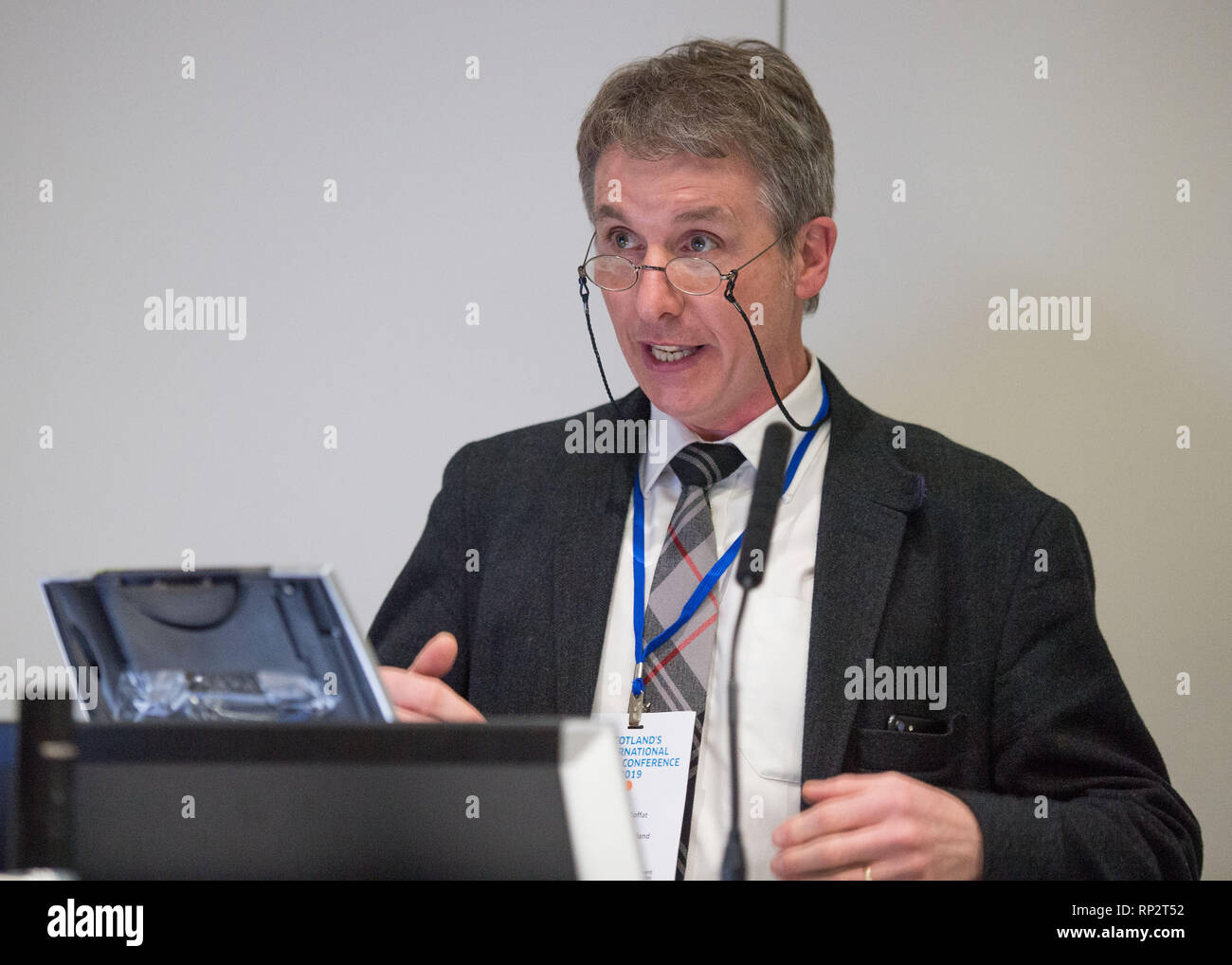 Glasgow, UK. 20 February 2019. Professor Colin Moffat Chief Scientific Advisor Marine at The Scottish Government addresses the First Minister after her opening speech at Scotland's International Marine Conference in Glasgow. Credit: Colin Fisher/Alamy Live News Stock Photo