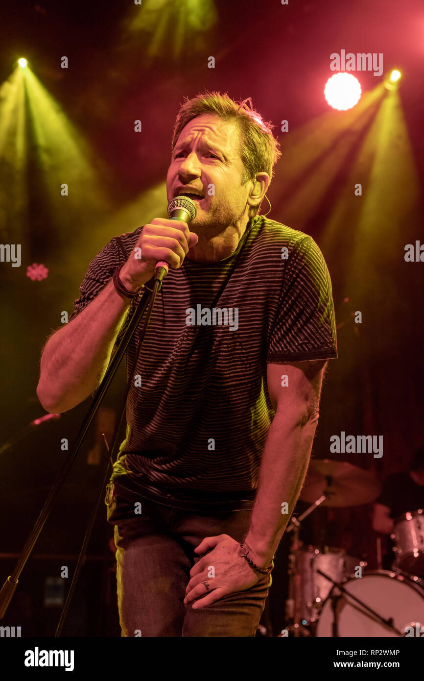 Dublin, Ireland. 20th Feb, 2019. X Files actor David Duchovny (Fox Mulder) sings on stage in Dublin's Academy music  venue. Credit: SOPA Images Limited/Alamy Live News Stock Photo