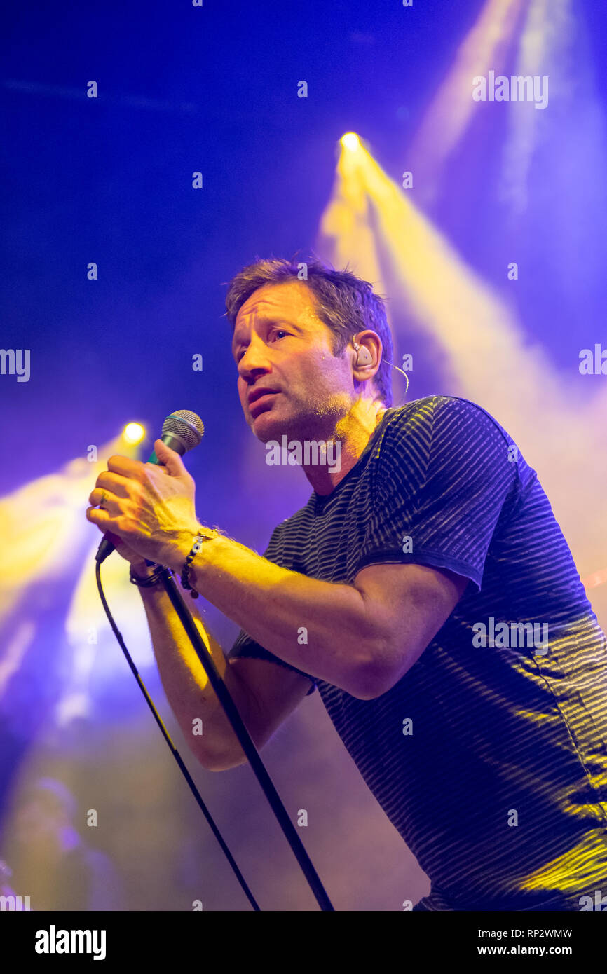 Dublin, Ireland. 20th Feb, 2019. X Files actor David Duchovny (Fox Mulder) sings on stage in Dublin's Academy music  venue. Credit: SOPA Images Limited/Alamy Live News Stock Photo