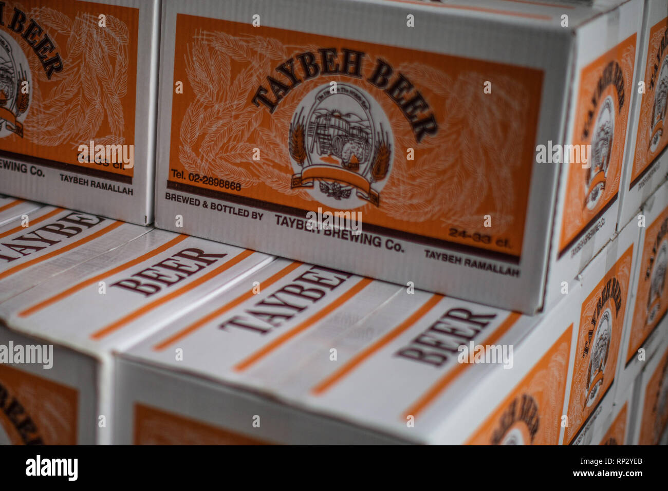 Taybeh, Palestine. Autonomous Areas. 06th Feb, 2019. Boxes of 'Taybeh' beer are stacked for shipment to the brewery near Ramallah. The family brewery 'Taybeh' was opened 25 years ago. (to dpa 'Palestinian woman brews beer according to German purity law' of 21.02.2019) Credit: Ilia Yefimovich/dpa/Alamy Live News Stock Photo