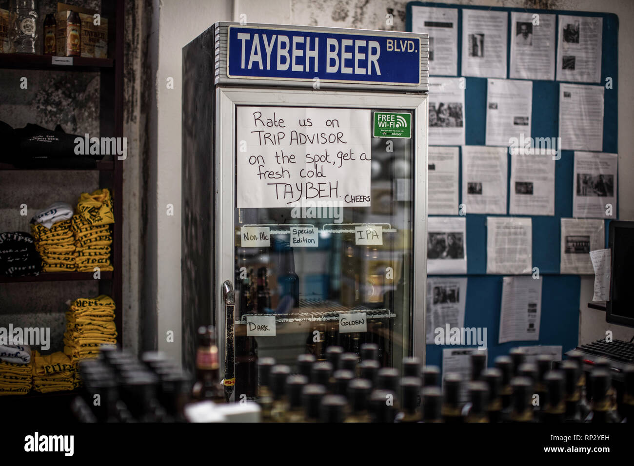 Taybeh, Palestine. Autonomous Areas. 06th Feb, 2019. Beer of the brewery 'Taybeh' are for sale in a shop. The family brewery 'Taybeh' was opened 25 years ago. (to dpa 'Palestinian woman brews beer according to German purity law' of 21.02.2019) Credit: Ilia Yefimovich/dpa/Alamy Live News Stock Photo