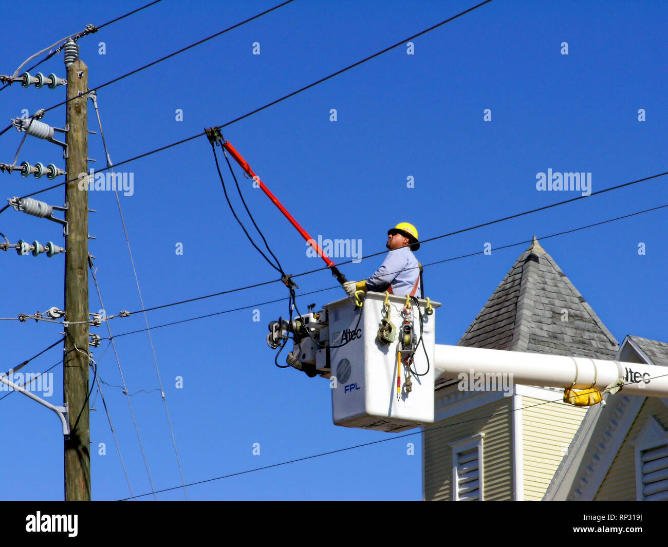 lineman installing jumper cable, electrical wires, job, occupation