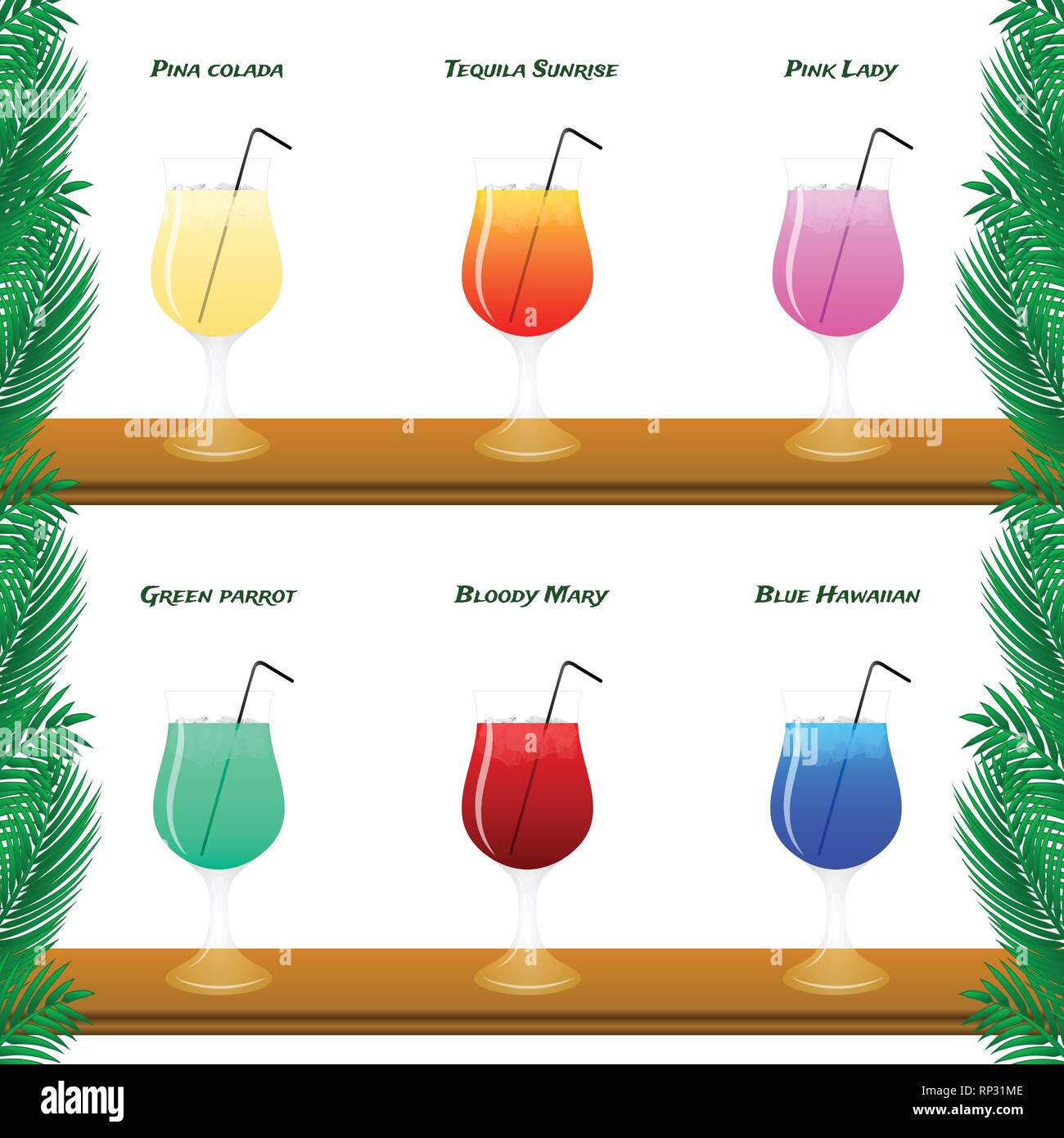 Colorful cocktail vector set with straws. Stock Vector