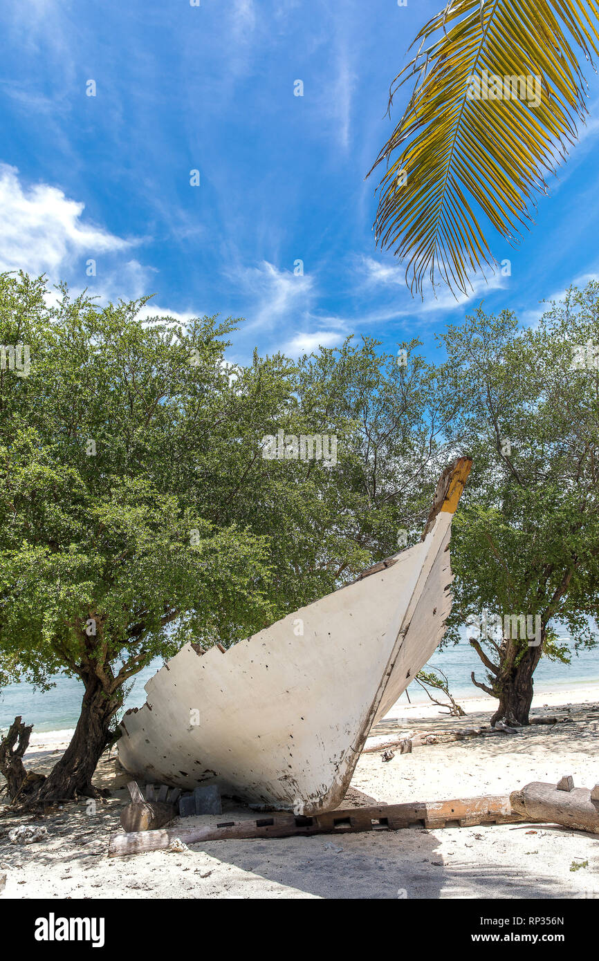 Indonesia, the old white boat on the waterfront on the island of Gili Trawangan and the dragon-like tree. Stock Photo