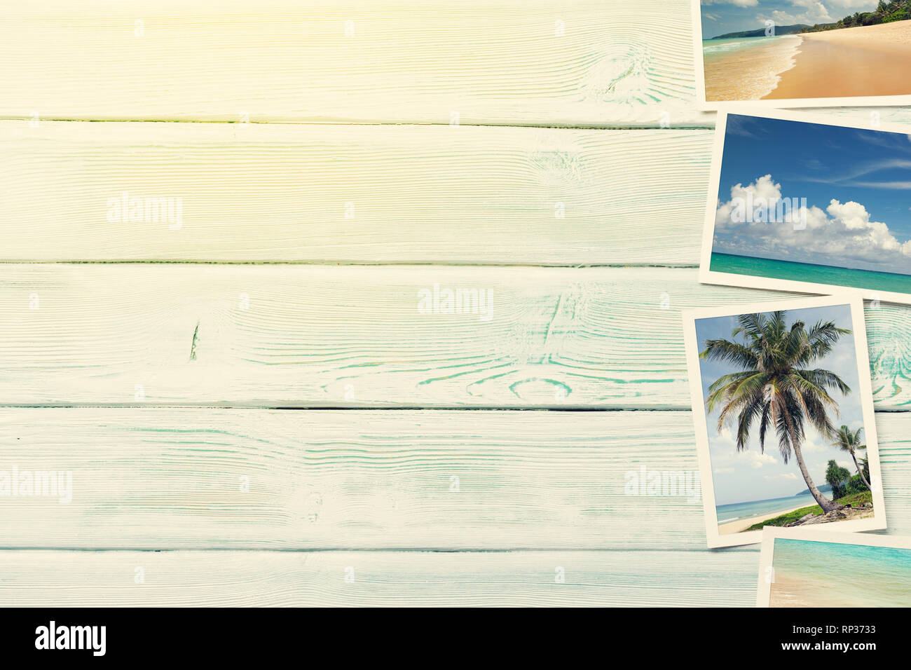Travel vacation background concept with weekend photos on wooden backdrop. Top view with copy space. Flat lay. All photos taken by me. Sunny toned Stock Photo
