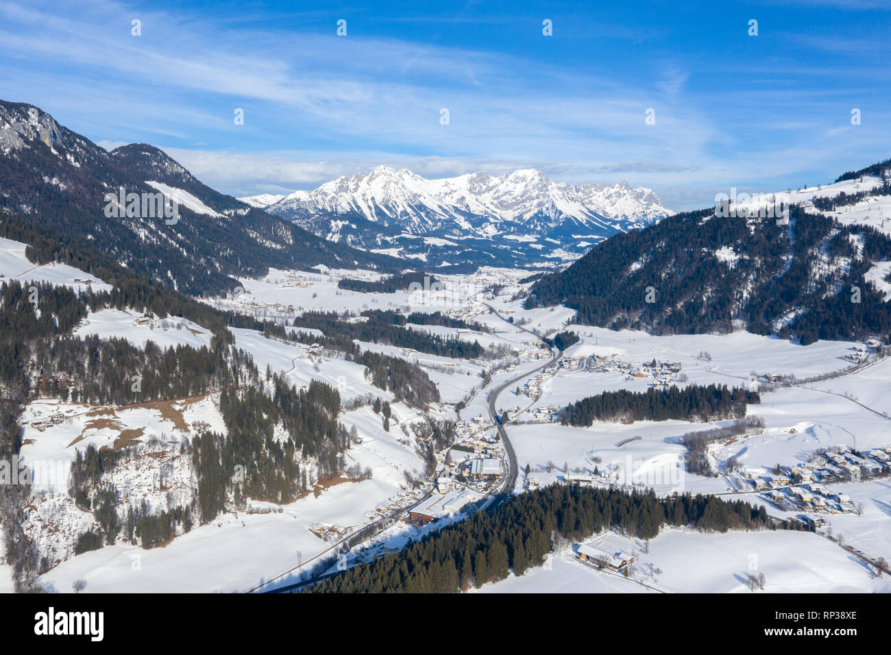 Panoramic view of the winter mountains in Alps Austria. View from above. Landscape photo captured with drone. Europe. Stock Photo