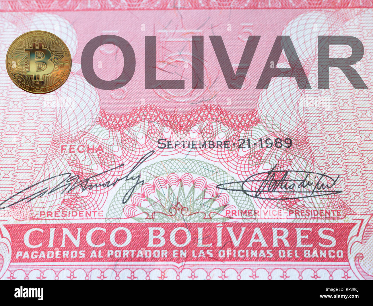 macro extreme close-up image of bolivia currency bolivar with golden bitcoin  instead of a letter b at country name Stock Photo - Alamy