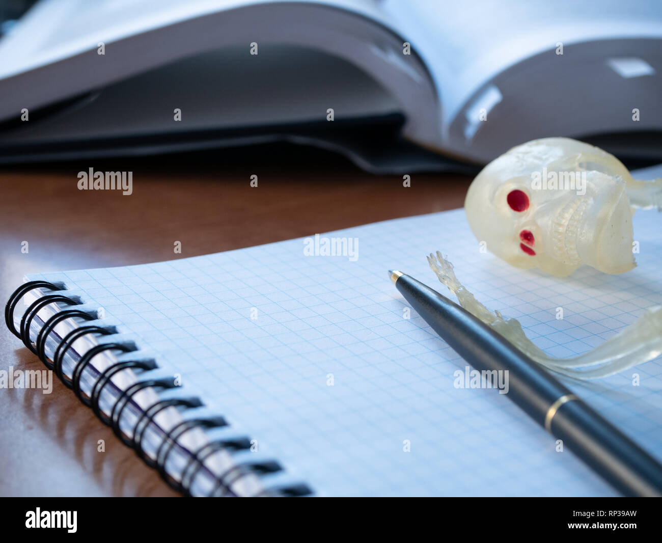 close-up of skeleton head and pen on notepad. exhausted office employee manager died at work because of overhours or depressed student after hour of s Stock Photo