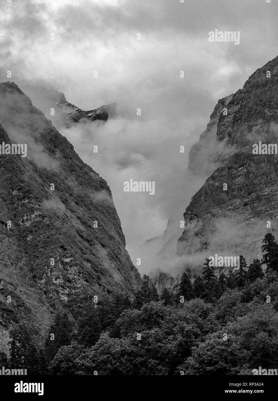 In black and white, picturesque view of Great Himalaya of India. The place in the picture is near the Valley of Flowers, Uttarakhand, India. Stock Photo