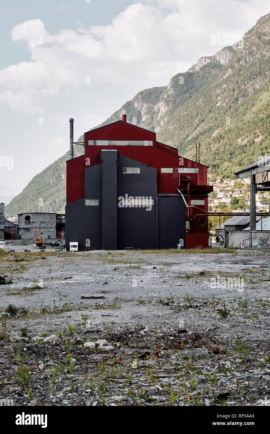 The disused industrial landscape of the Odda smelting works in Odda Hardanger Norway. Stock Photo