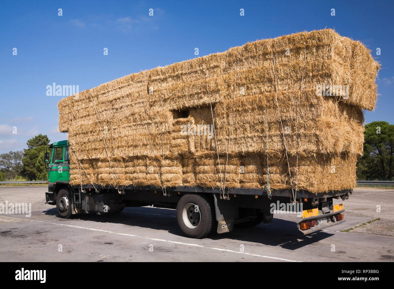 Parked transportation truck loaded up with stacked hay bales Stock