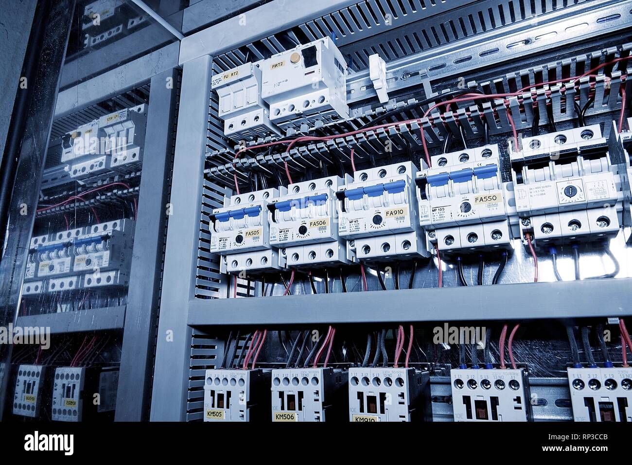 Image shows circuit breakers. Close-up. Modern distribution case. Stock Photo