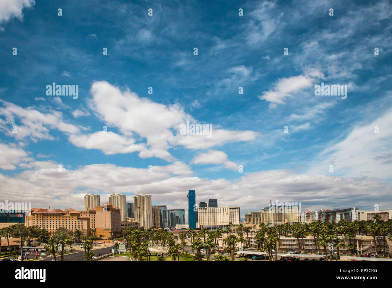 View across the city of Las Vegas Nevada with many hotel resort casinos in view Stock Photo