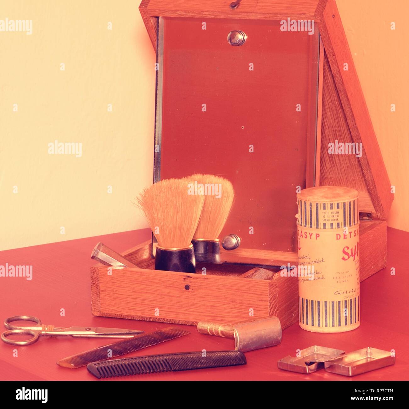 Vintage shaving accessories. Closeup. Add retro effect Stock Photo Alamy