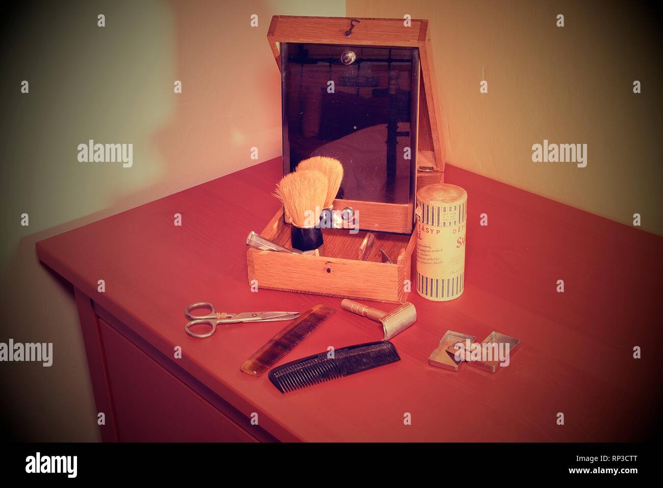 Vintage shaving accessories. Closeup. Add retro effect Stock Photo Alamy