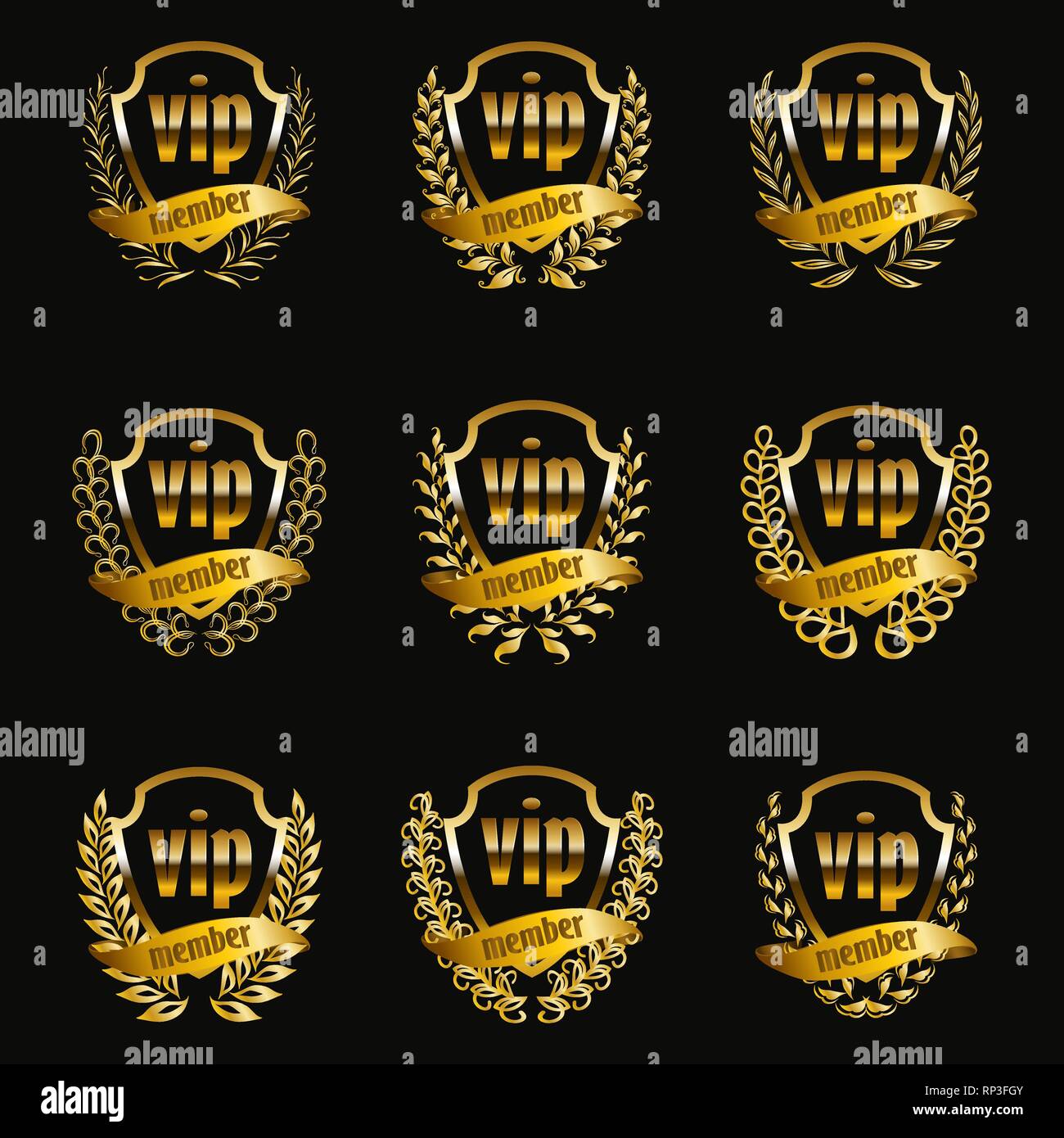 Set of gold vip monograms for graphic design on black background Stock ...