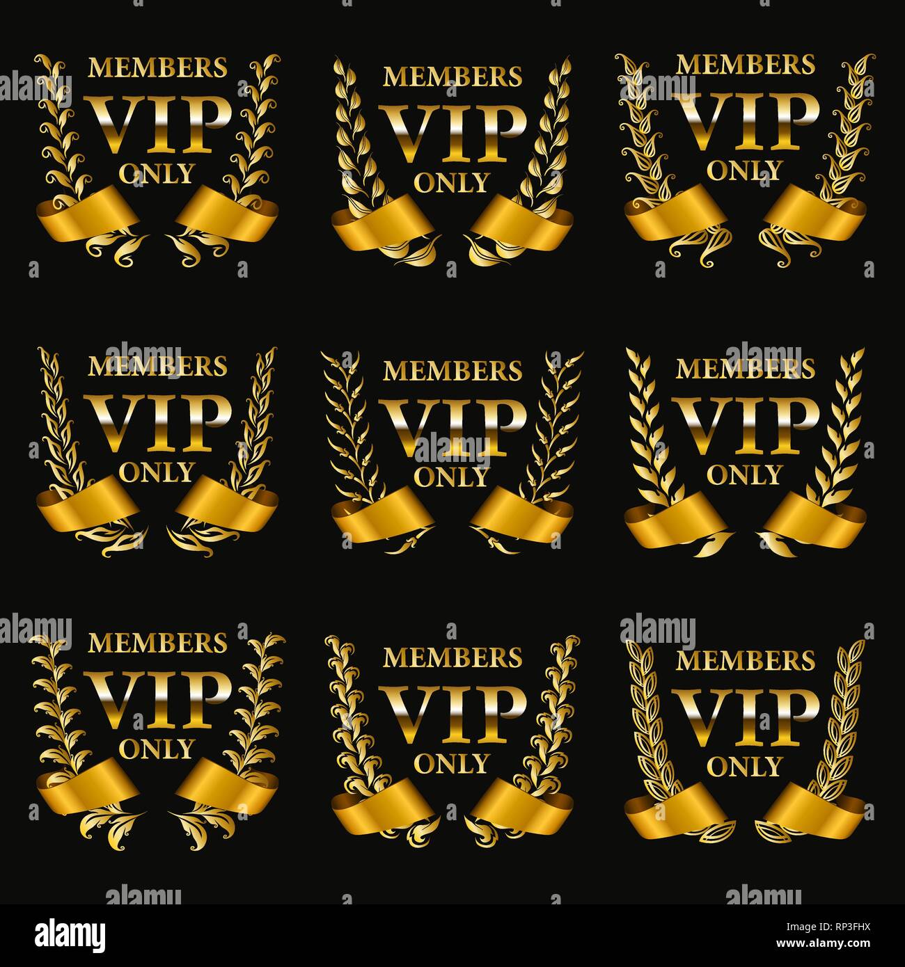 Set of gold vip monograms for graphic design on black background Stock ...