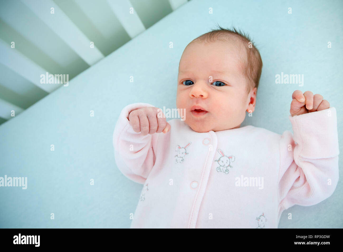 Cute two week old baby girl in cradle Stock Photo