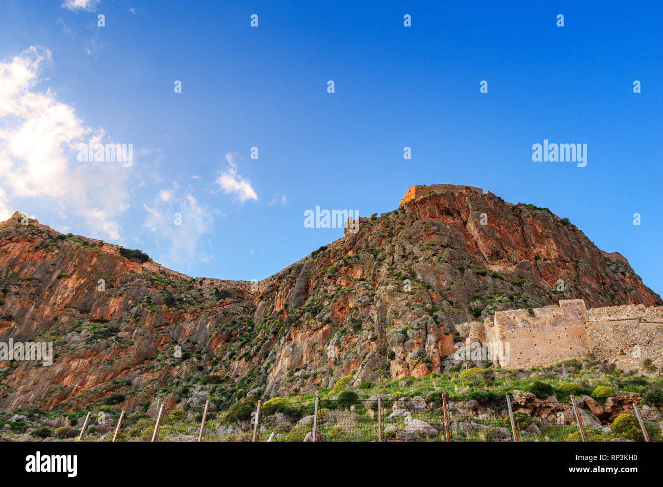 View of the fortress and the walls in Monemvasia, a medieval castle town located in Lakonia, Peloponnese, Greece. Monemvasia Stock Photo