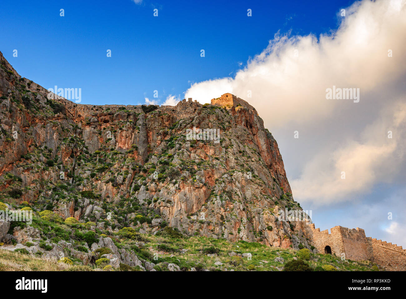 View of the fortress and the walls in Monemvasia, a medieval castle town located in Lakonia, Peloponnese, Greece. Monemvasia Stock Photo
