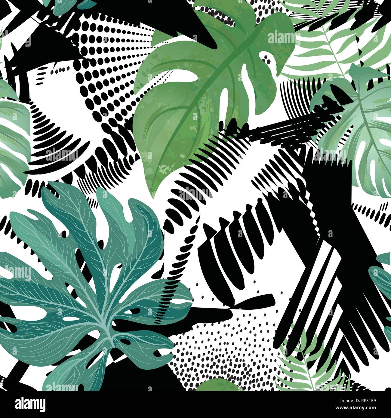 Floral seamless pattern. Tropical leaves over abstract painting art