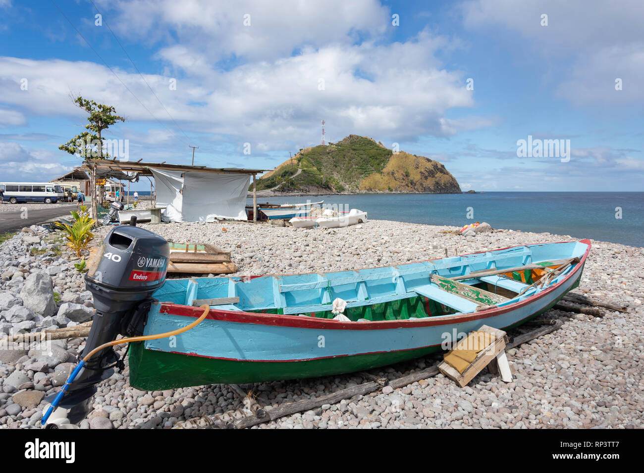 Fishing boat on beach, Scotts Head village, Saint Mark Parish, Dominica, Lesser Antilles, Caribbean Stock Photo