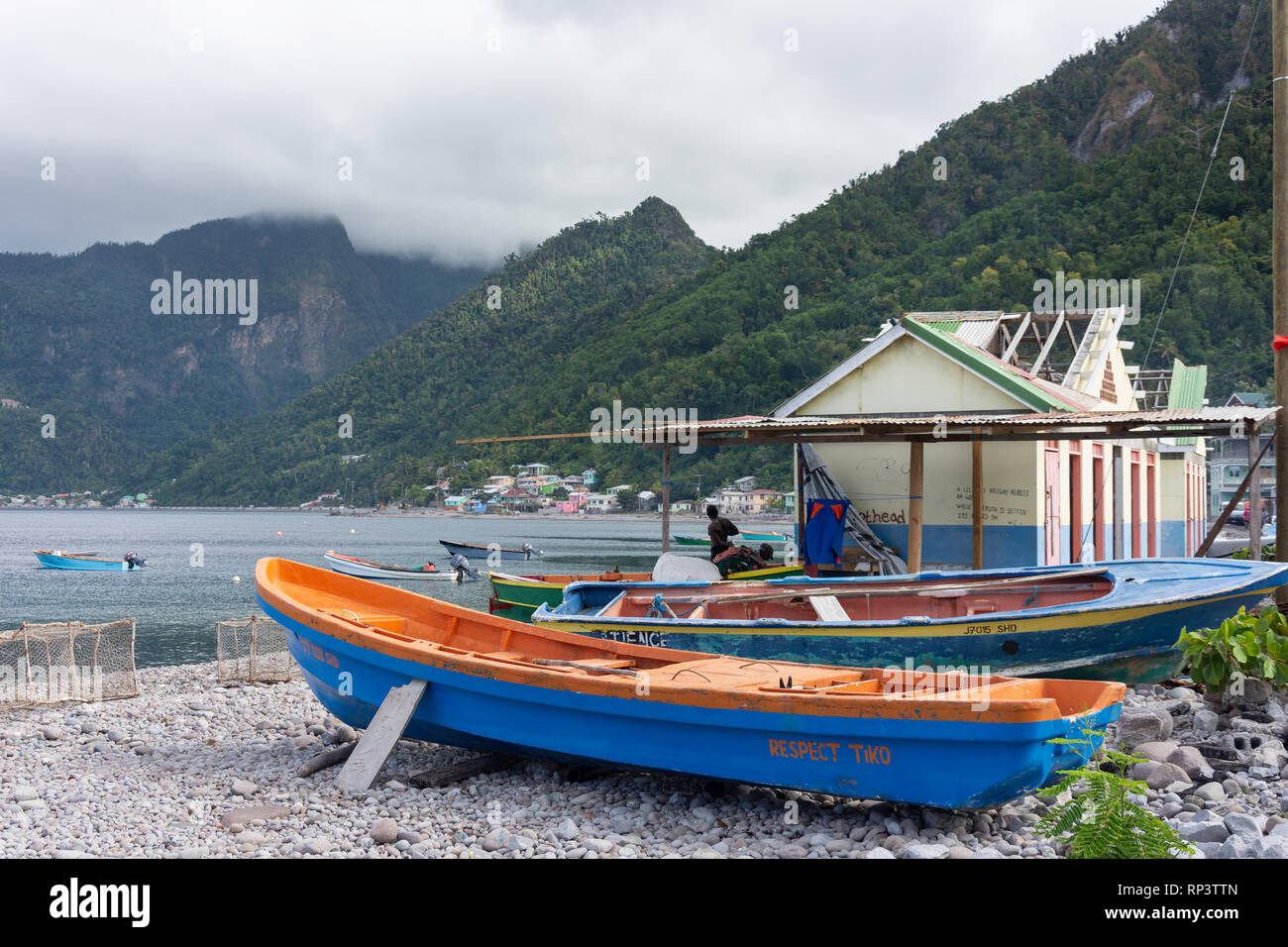 Fishing boat on beach, Scotts Head village, Saint Mark Parish, Dominica, Lesser Antilles, Caribbean Stock Photo