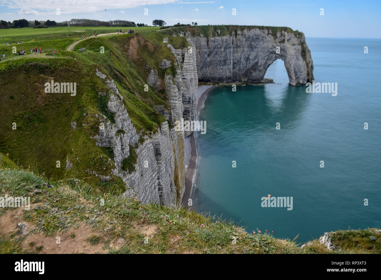 Landscape with scenic alabaster chalk cliffs of Etretat and coast of ...