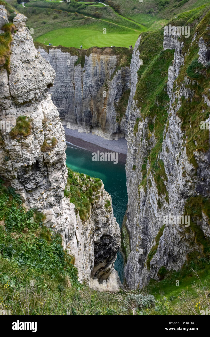Landscape with scenic alabaster chalk cliffs of Etretat and coast of ...