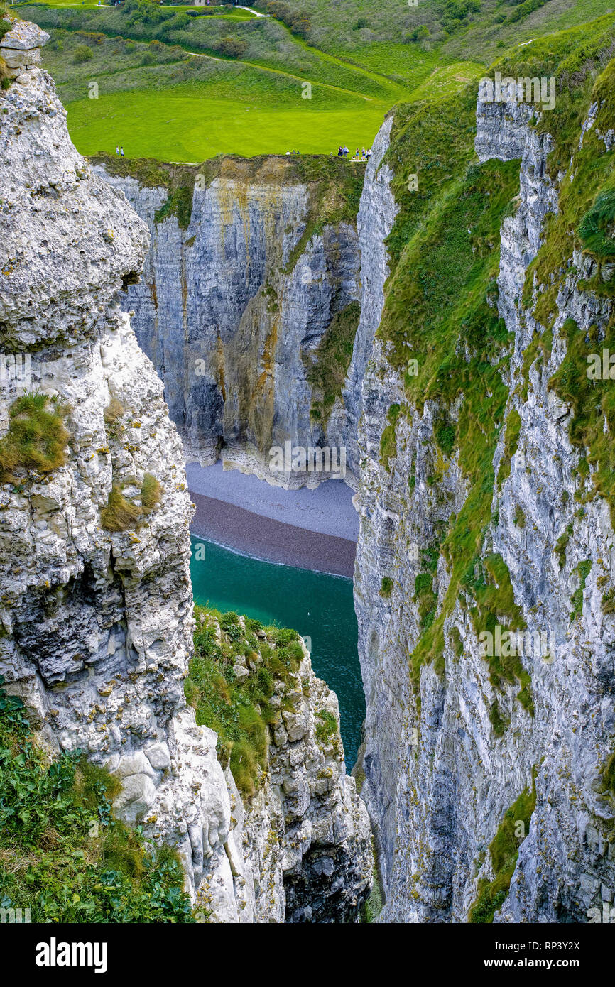 Landscape with scenic alabaster chalk cliffs of Etretat and coast of ...