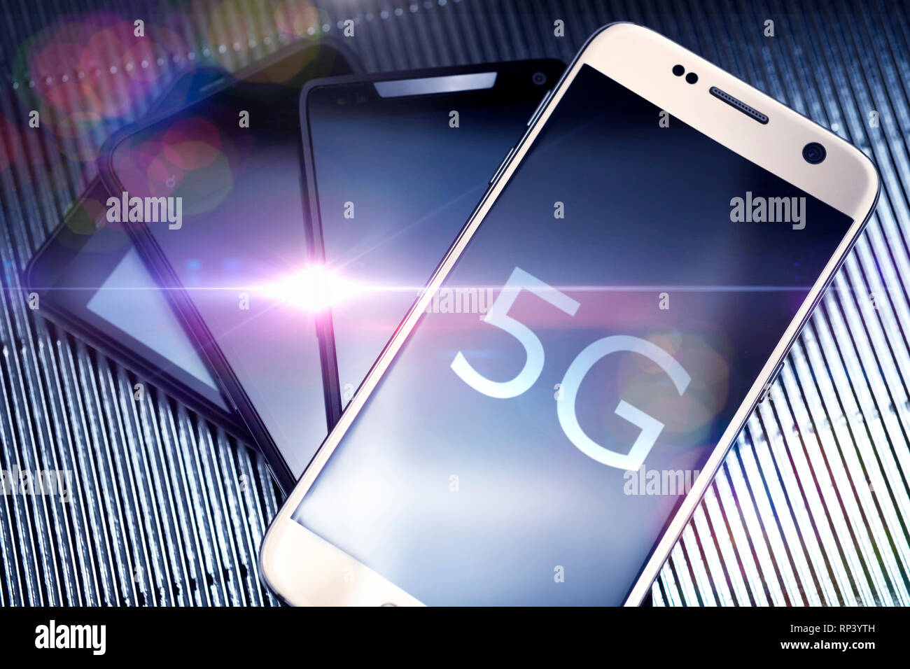 Smartphones with the label 5 g, 5G-net, Smartphones mit der Aufschrift 5G, 5G-Netz Stock Photo