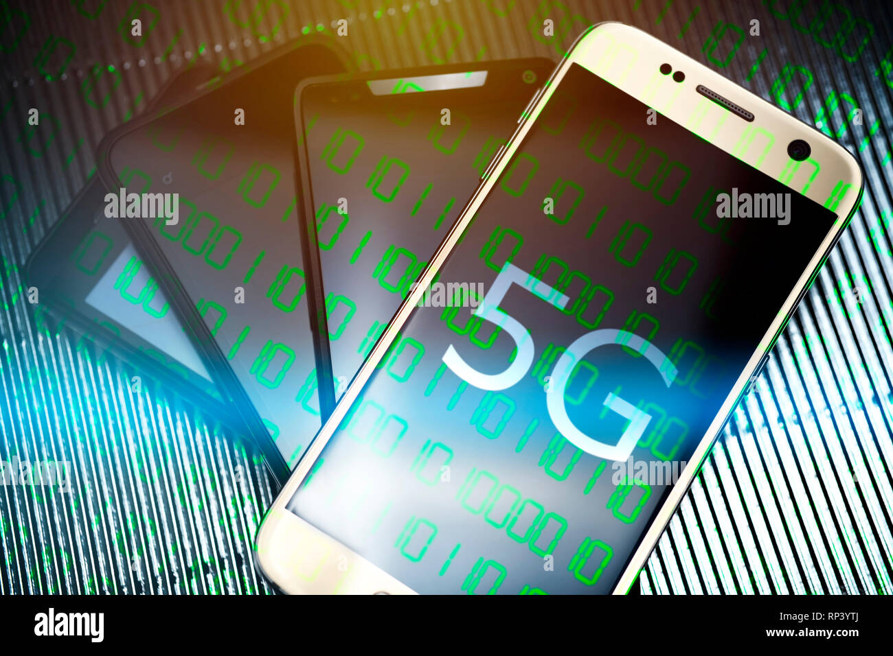 Smartphones with the label 5 g, 5G-net, Smartphones mit der Aufschrift 5G, 5G-Netz Stock Photo