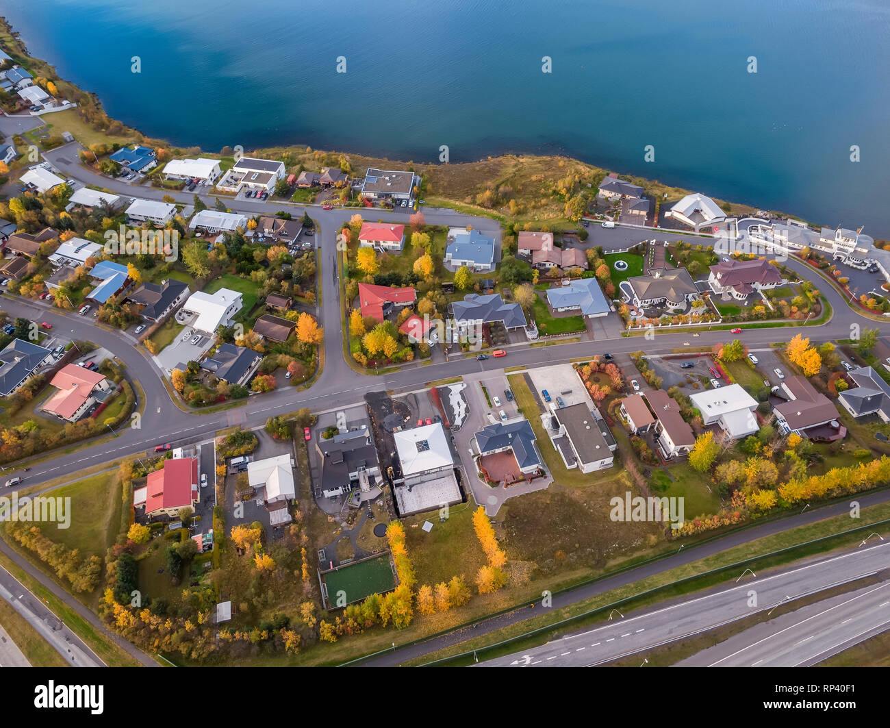 Aerial- Suburban neighborhood, Gardabaer, near Reykjavik, Iceland Stock Photo