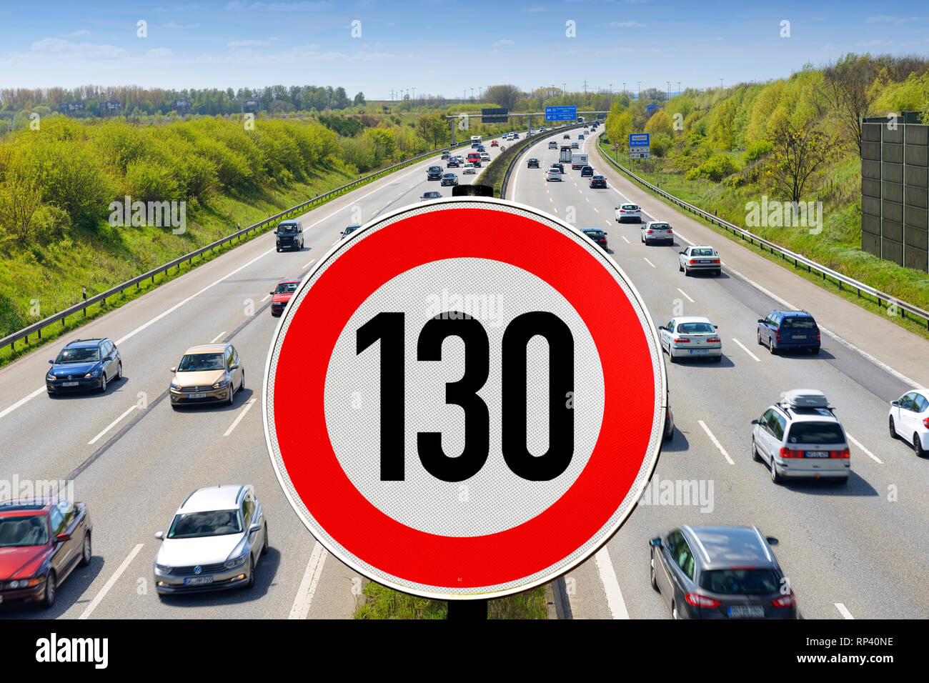Highway and sign with speed limit 130 km/h, photomontage, Autobahn und Schild mit Tempolimit 130