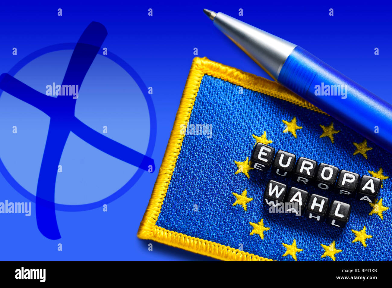 Stroke European choice on EU flag with electoral cross, Schriftzug Europawahl auf EU-Fahne mit Wahlkreuz Stock Photo