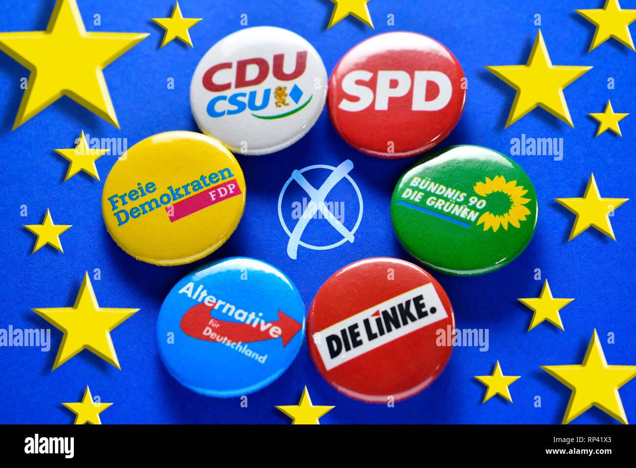 Anstecker of German parties with EU stars and electoral cross, symbolic photo European choice, Anstecker deutscher Parteien mit EU-Sternen und Wahlkre Stock Photo
